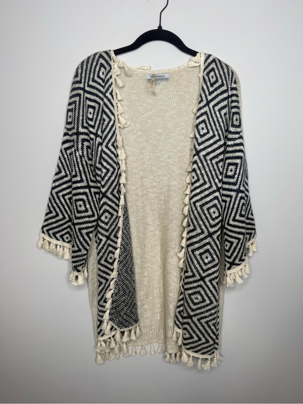 Cost Plus World Market Black & Cream Geometric Fringed Open Cardigan